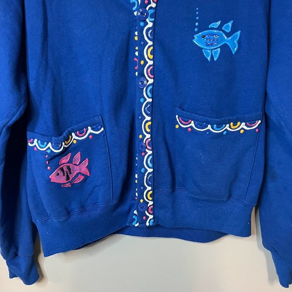 Vintage 90s Puffy Paint Glitter Tropical Fish Cardigan Sweatshirt - Picture 3 of 7